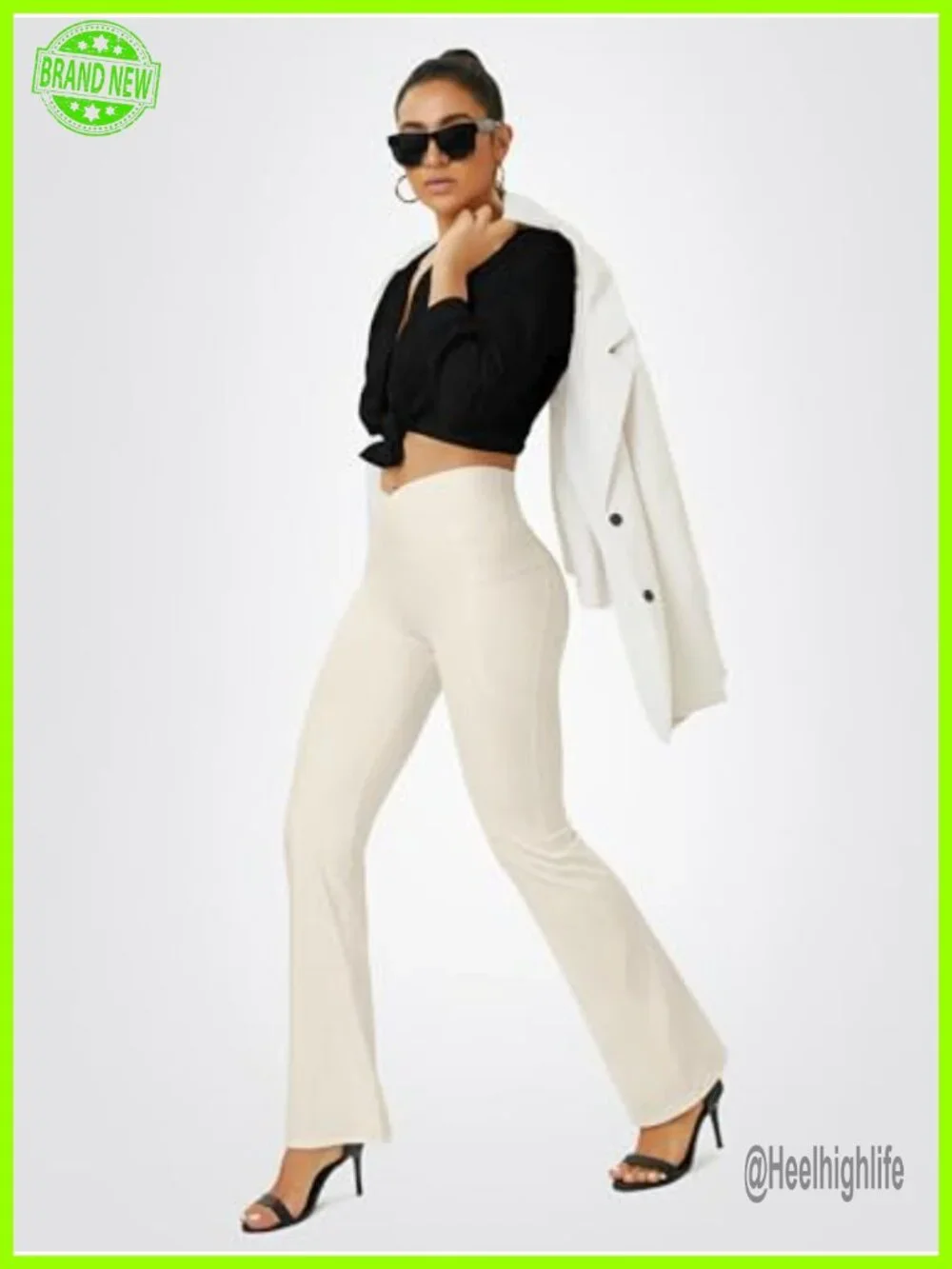 High Waisted Crossover Flare Leggings with Pockets No Front Seam